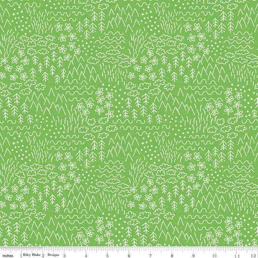 Image of Colorful Critters Sketch Green Quilting Cotton Fabric by Official Licensed Product for Riley Blake Designs. Features crayon drawings on a green background. Cute Little Fabric Shop.