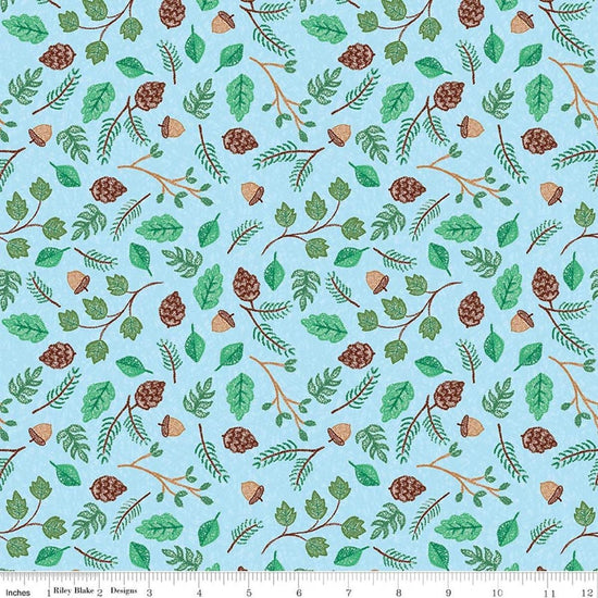 Image of Colorful Critters Botanical Blue Quilting Cotton Fabric by Official Licensed Product for Riley Blake Designs. Features leaves on a blue background. Cute Little Fabric Shop.