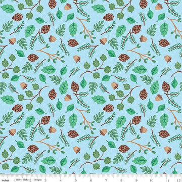 Image of Colorful Critters Botanical Blue Quilting Cotton Fabric by Official Licensed Product for Riley Blake Designs. Features leaves on a blue background. Cute Little Fabric Shop.