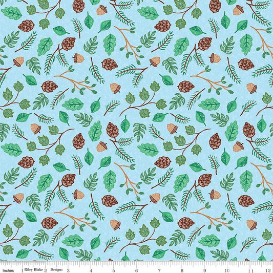 Image of Colorful Critters Botanical Blue Quilting Cotton Fabric by Official Licensed Product for Riley Blake Designs. Features leaves on a blue background. Cute Little Fabric Shop.