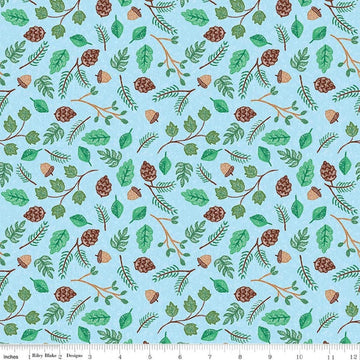 Image of Colorful Critters Botanical Blue Quilting Cotton Fabric by Official Licensed Product for Riley Blake Designs. Features leaves on a blue background. Cute Little Fabric Shop.