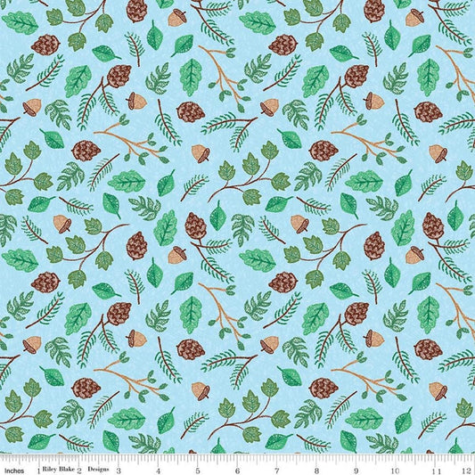 Image of Colorful Critters Botanical Blue Quilting Cotton Fabric by Official Licensed Product for Riley Blake Designs. Features leaves on a blue background. Cute Little Fabric Shop.