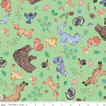 Image of Colorful Critters Main Green Quilting Cotton Fabric by Official Licensed Product for Riley Blake Designs. Features animals on a green background. Cute Little Fabric Shop.