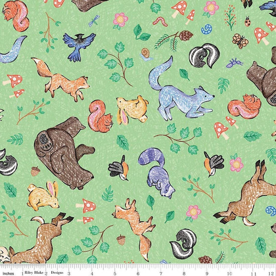 Image of Colorful Critters Main Green Quilting Cotton Fabric by Official Licensed Product for Riley Blake Designs. Features animals on a green background. Cute Little Fabric Shop.
