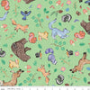 Image of Colorful Critters Main Green Quilting Cotton Fabric by Official Licensed Product for Riley Blake Designs. Features animals on a green background. Cute Little Fabric Shop.