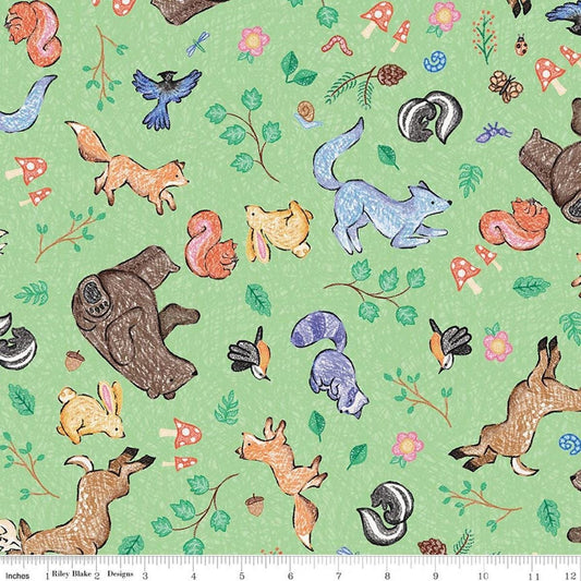 Image of Colorful Critters Main Green Quilting Cotton Fabric by Official Licensed Product for Riley Blake Designs. Features animals on a green background. Cute Little Fabric Shop.