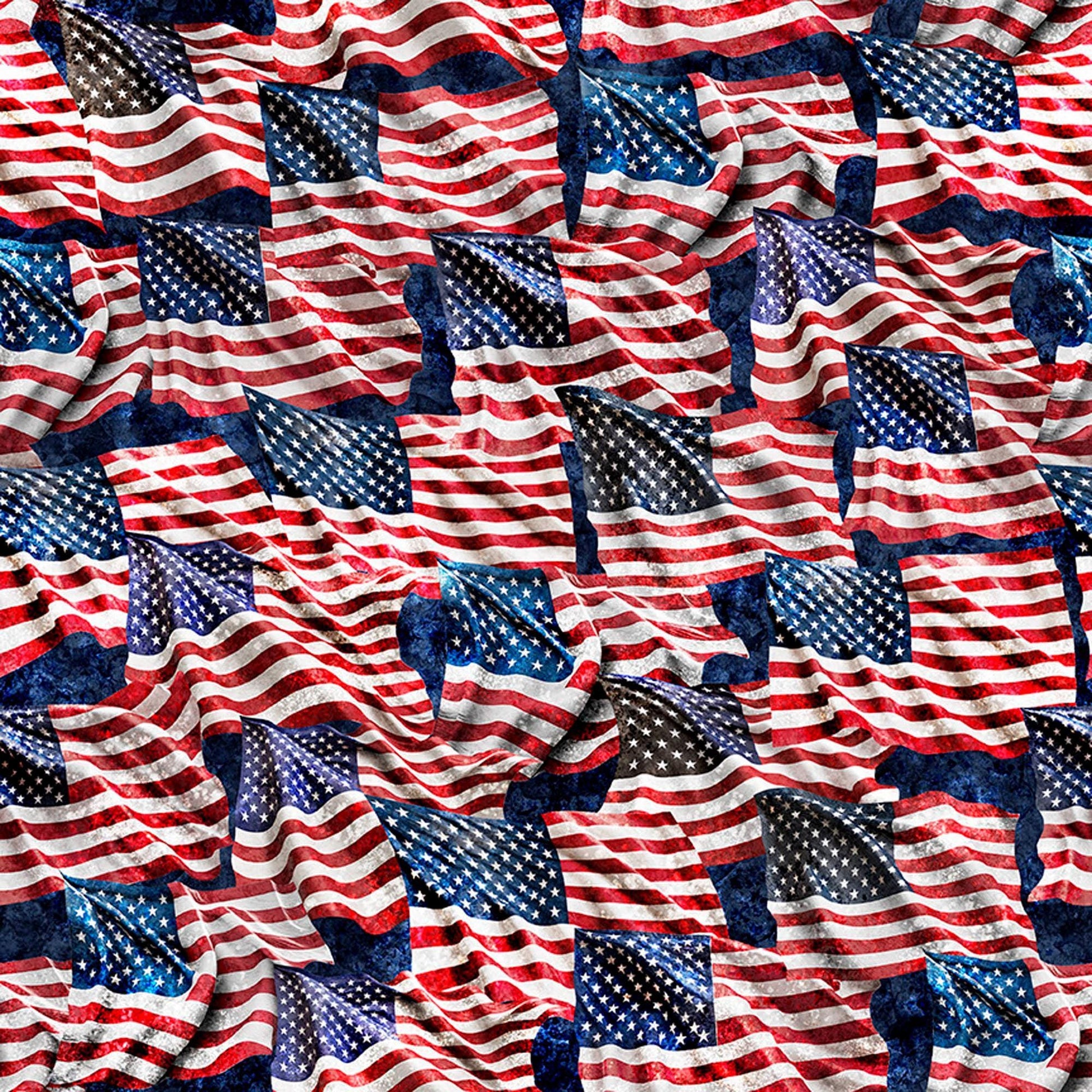 Image of Stars, Stripes, & Steel Waving American Flag Navy quilting cotton fabric by Morris Creative Group for QT Fabrics. Features american flags on a blue background. Cute Little Fabric Shop.