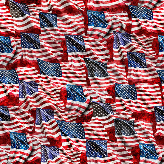 Image of Stars, Stripes, & Steel Waving American Flag Brick quilting cotton fabric by Morris Creative Group for QT Fabrics. Features american flags on a red background. Cute Little Fabric Shop.