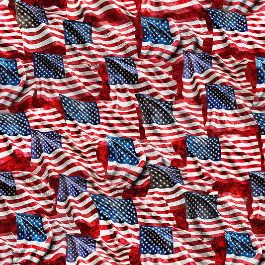 Image of Stars, Stripes, & Steel Waving American Flag Brick quilting cotton fabric by Morris Creative Group for QT Fabrics. Features american flags on a red background. Cute Little Fabric Shop.