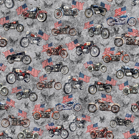 Image of Stars, Stripes, & Steel Motorcycles and American Flags Steel quilting cotton fabric by Morris Creative Group for QT Fabrics. Features motorcycles on a gray background. Cute Little Fabric Shop.