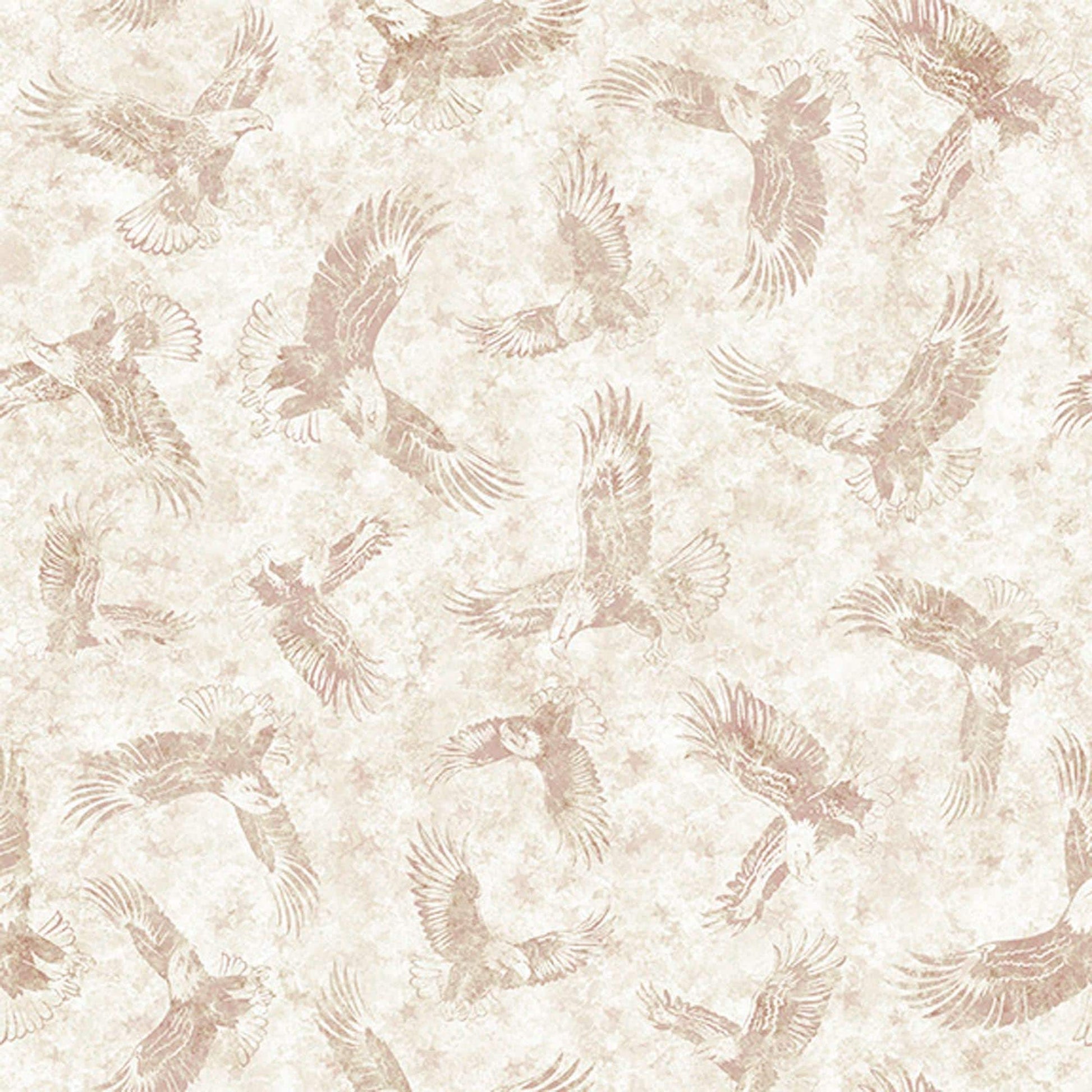 Image of Stars, Stripes, & Steel American Eagle Tonal Birch quilting cotton fabric by Morris Creative Group for QT Fabrics. Features tonal eagles on a cream background. Cute Little Fabric Shop.