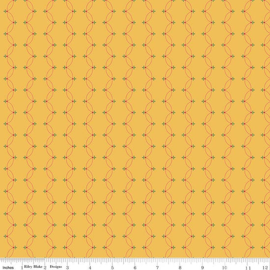 Image of Orchard House Scallops Yellow quilting cotton fabric by Heather Peterson for Riley Blake Designs. Features a geometric pattern on a yellow background. Cute Little Fabric Shop.