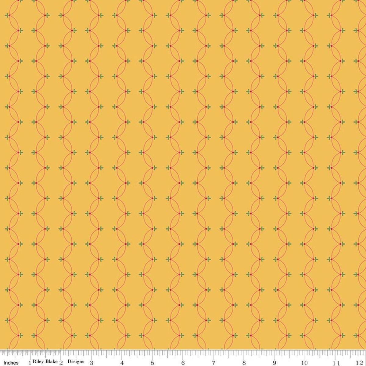 Image of Orchard House Scallops Yellow quilting cotton fabric by Heather Peterson for Riley Blake Designs. Features a geometric pattern on a yellow background. Cute Little Fabric Shop.