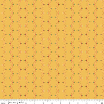 Image of Orchard House Scallops Yellow quilting cotton fabric by Heather Peterson for Riley Blake Designs. Features a geometric pattern on a yellow background. Cute Little Fabric Shop.