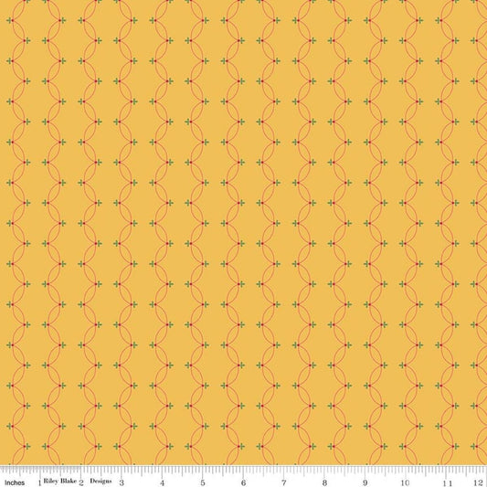 Image of Orchard House Scallops Yellow quilting cotton fabric by Heather Peterson for Riley Blake Designs. Features a geometric pattern on a yellow background. Cute Little Fabric Shop.