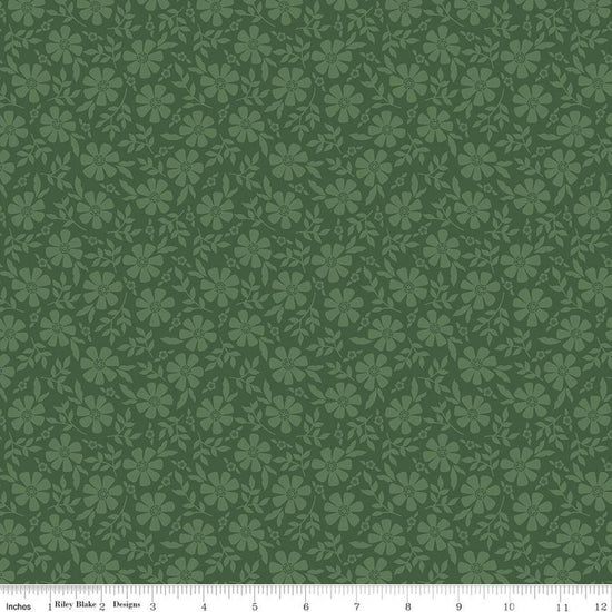 Image of Orchard House Tonal Flowers Green quilting cotton fabric by Heather Peterson for Riley Blake Designs. Features flowers on a green background. Cute Little Fabric Shop.