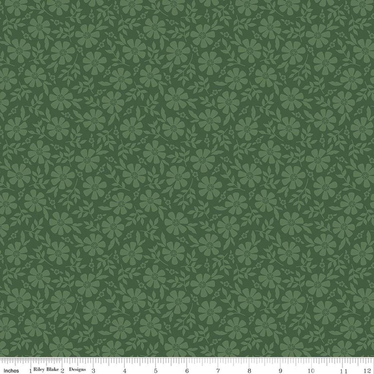 Image of Orchard House Tonal Flowers Green quilting cotton fabric by Heather Peterson for Riley Blake Designs. Features flowers on a green background. Cute Little Fabric Shop.
