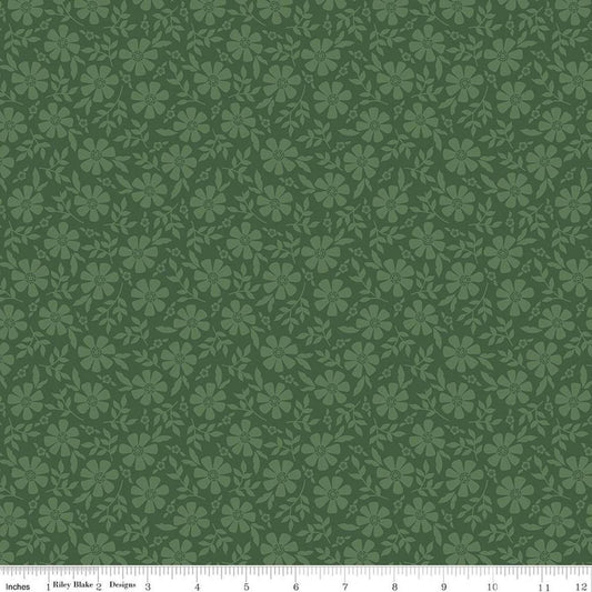 Image of Orchard House Tonal Flowers Green quilting cotton fabric by Heather Peterson for Riley Blake Designs. Features flowers on a green background. Cute Little Fabric Shop.