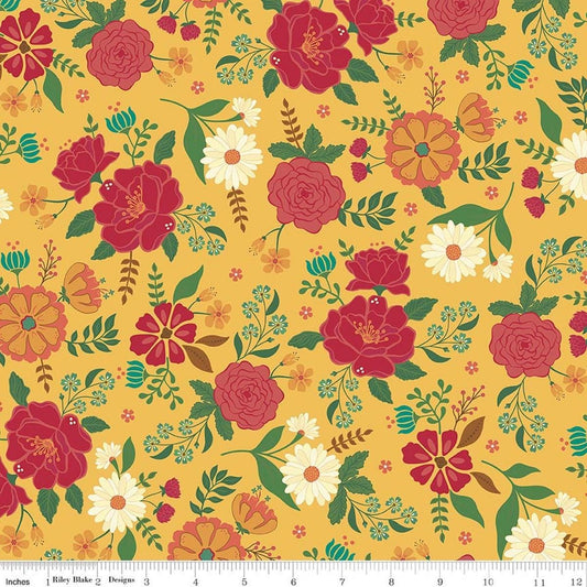Image of Orchard House Main Yellow quilting cotton fabric by Heather Peterson for Riley Blake Designs. Features flowers on a yellow background. Cute Little Fabric Shop.
