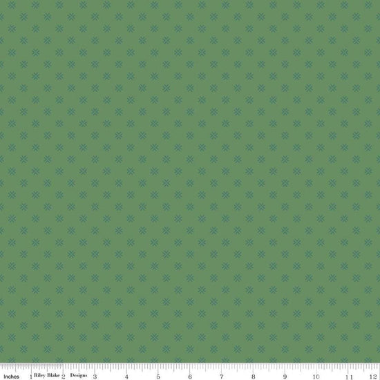 Image of Orchard House Geometric Green quilting cotton fabric by Heather Peterson for Riley Blake Designs. Features a geometric pattern on a green background. Cute Little Fabric Shop.