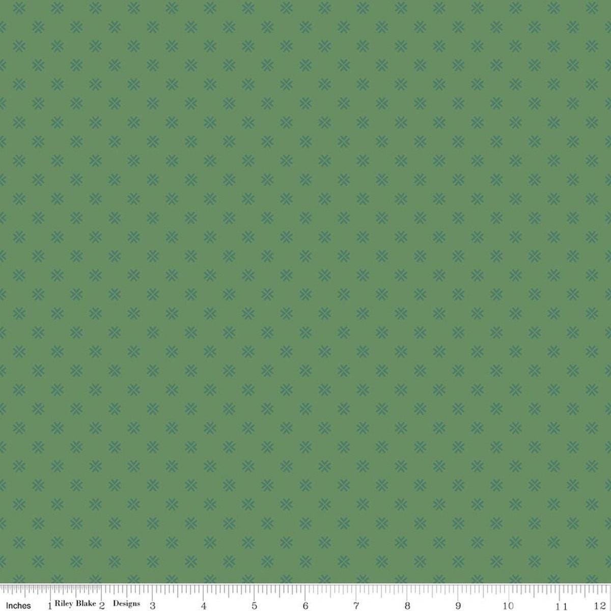 Image of Orchard House Geometric Green quilting cotton fabric by Heather Peterson for Riley Blake Designs. Features a geometric pattern on a green background. Cute Little Fabric Shop.