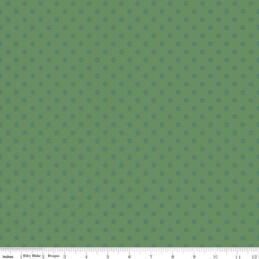 Image of Orchard House Geometric Green quilting cotton fabric by Heather Peterson for Riley Blake Designs. Features a geometric pattern on a green background. Cute Little Fabric Shop.