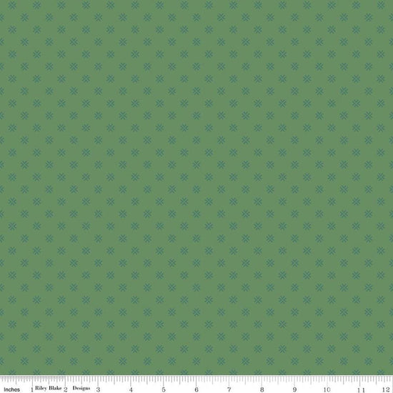 Image of Orchard House Geometric Green quilting cotton fabric by Heather Peterson for Riley Blake Designs. Features a geometric pattern on a green background. Cute Little Fabric Shop.