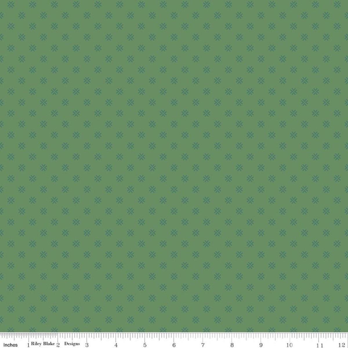 Image of Orchard House Geometric Green quilting cotton fabric by Heather Peterson for Riley Blake Designs. Features a geometric pattern on a green background. Cute Little Fabric Shop.