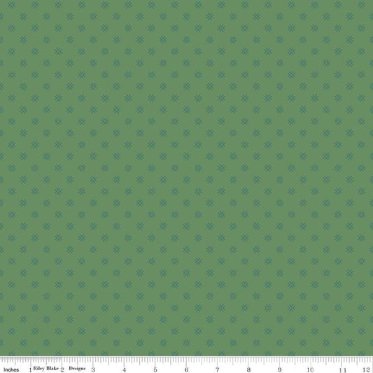 Image of Orchard House Geometric Green quilting cotton fabric by Heather Peterson for Riley Blake Designs. Features a geometric pattern on a green background. Cute Little Fabric Shop.