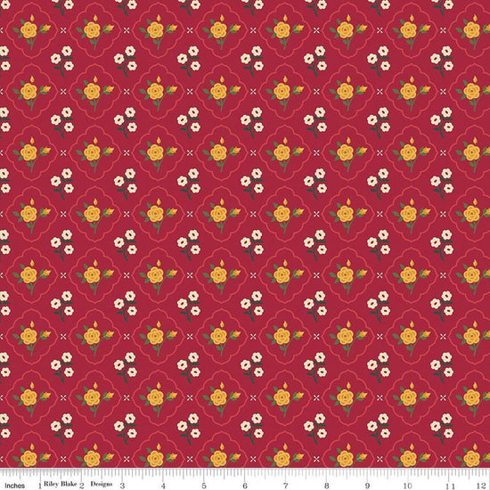 Image of Orchard House Medallions Red quilting cotton fabric by Heather Peterson for Riley Blake Designs. Features flowers on a red background. Cute Little Fabric Shop.