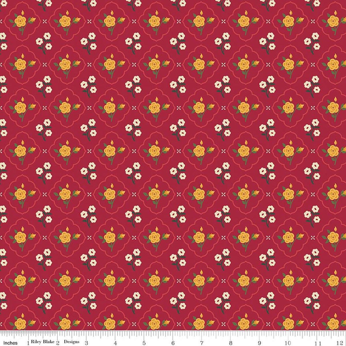 Image of Orchard House Medallions Red quilting cotton fabric by Heather Peterson for Riley Blake Designs. Features flowers on a red background. Cute Little Fabric Shop.