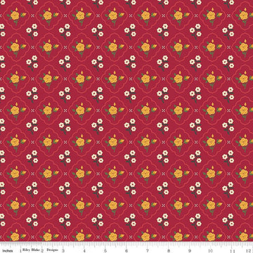 Image of Orchard House Medallions Red quilting cotton fabric by Heather Peterson for Riley Blake Designs. Features flowers on a red background. Cute Little Fabric Shop.