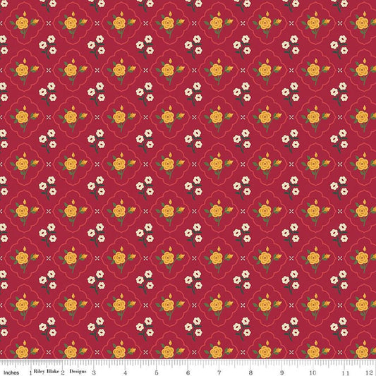 Image of Orchard House Medallions Red quilting cotton fabric by Heather Peterson for Riley Blake Designs. Features flowers on a red background. Cute Little Fabric Shop.