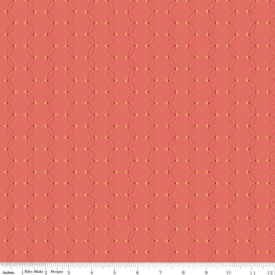 Image of Orchard House Scallops Coral quilting cotton fabric by Heather Peterson for Riley Blake Designs. Features a geometric pattern on a pink background. Cute Little Fabric Shop.