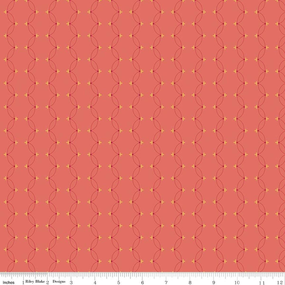 Image of Orchard House Scallops Coral quilting cotton fabric by Heather Peterson for Riley Blake Designs. Features a geometric pattern on a pink background. Cute Little Fabric Shop.