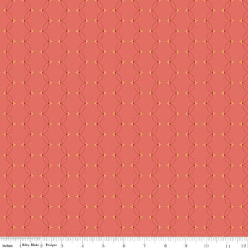 Image of Orchard House Scallops Coral quilting cotton fabric by Heather Peterson for Riley Blake Designs. Features a geometric pattern on a pink background. Cute Little Fabric Shop.