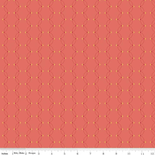 Image of Orchard House Scallops Coral quilting cotton fabric by Heather Peterson for Riley Blake Designs. Features a geometric pattern on a pink background. Cute Little Fabric Shop.