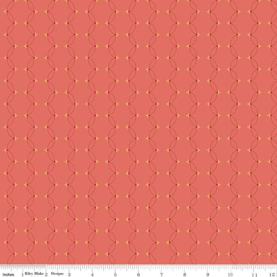 Image of Orchard House Scallops Coral quilting cotton fabric by Heather Peterson for Riley Blake Designs. Features a geometric pattern on a pink background. Cute Little Fabric Shop.