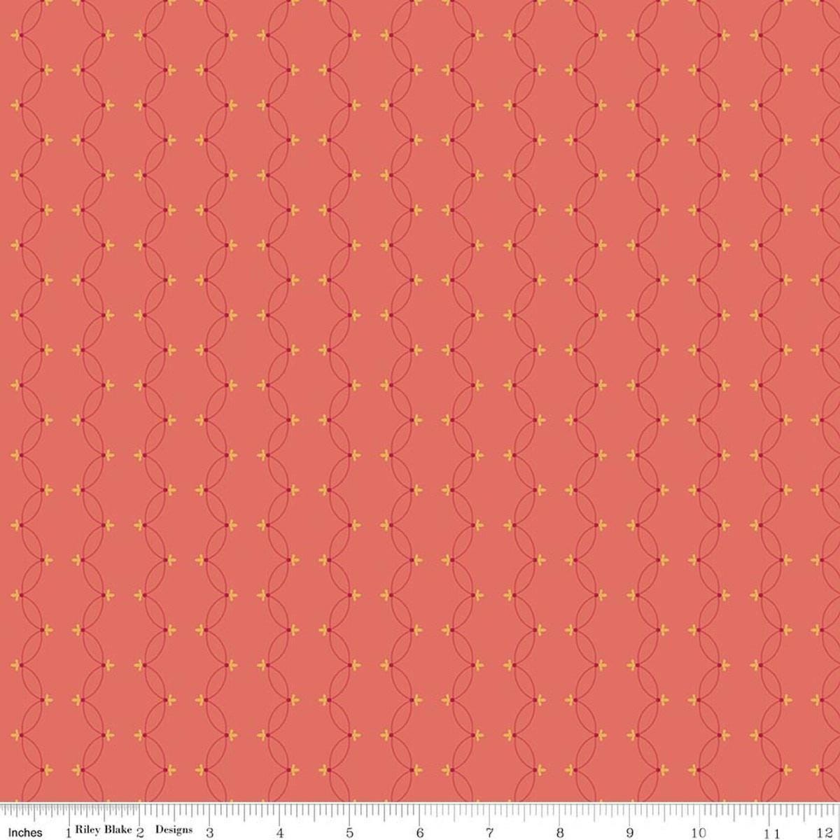 Image of Orchard House Scallops Coral quilting cotton fabric by Heather Peterson for Riley Blake Designs. Features a geometric pattern on a pink background. Cute Little Fabric Shop.