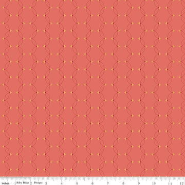 Image of Orchard House Scallops Coral quilting cotton fabric by Heather Peterson for Riley Blake Designs. Features a geometric pattern on a pink background. Cute Little Fabric Shop.