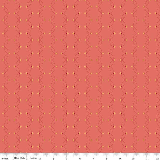 Image of Orchard House Scallops Coral quilting cotton fabric by Heather Peterson for Riley Blake Designs. Features a geometric pattern on a pink background. Cute Little Fabric Shop.