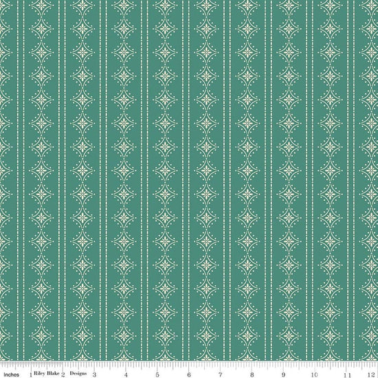 Image of Orchard House Stripes Teal quilting cotton fabric by Heather Peterson for Riley Blake Designs. Features stripes on a blue background. Cute Little Fabric Shop.