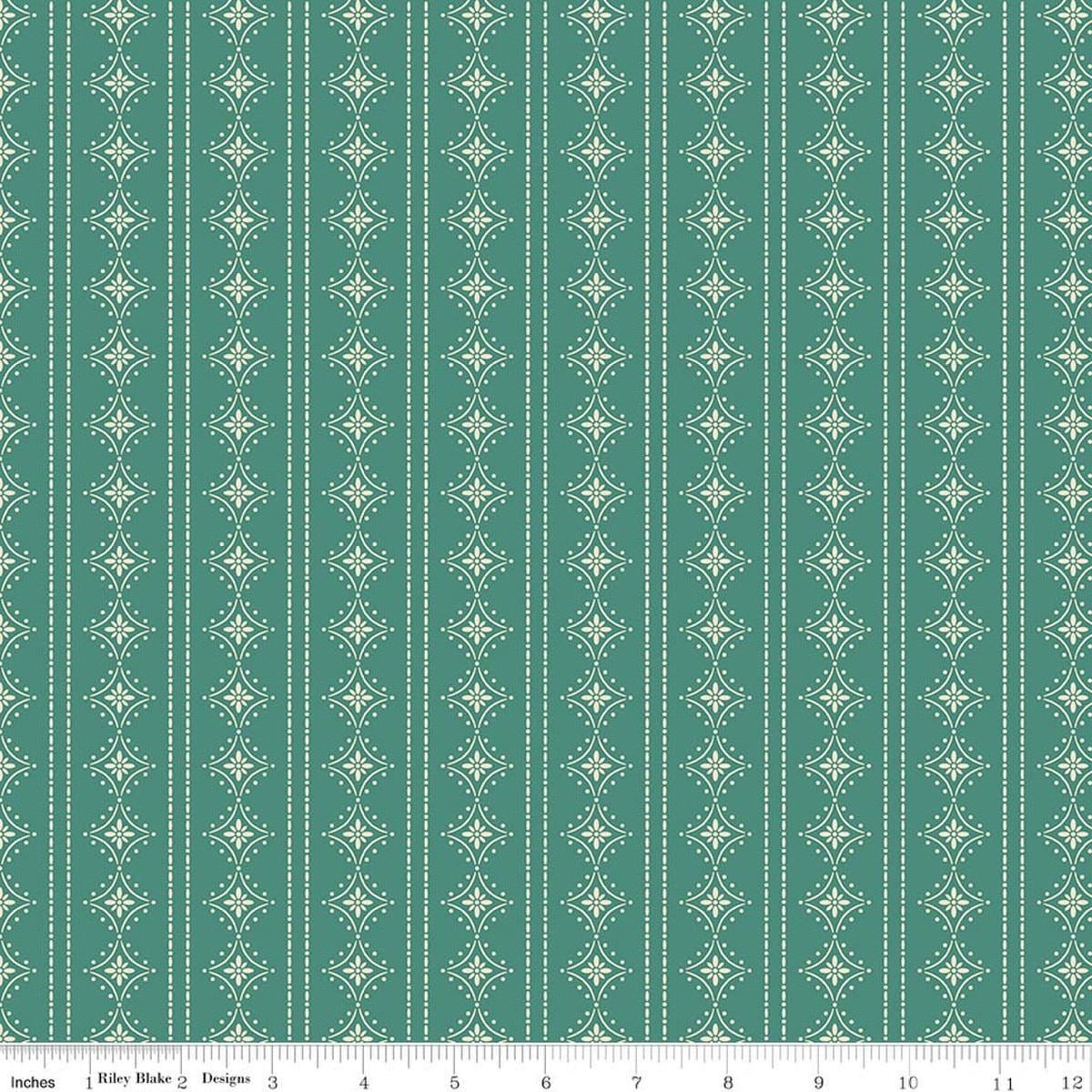 Image of Orchard House Stripes Teal quilting cotton fabric by Heather Peterson for Riley Blake Designs. Features stripes on a blue background. Cute Little Fabric Shop.