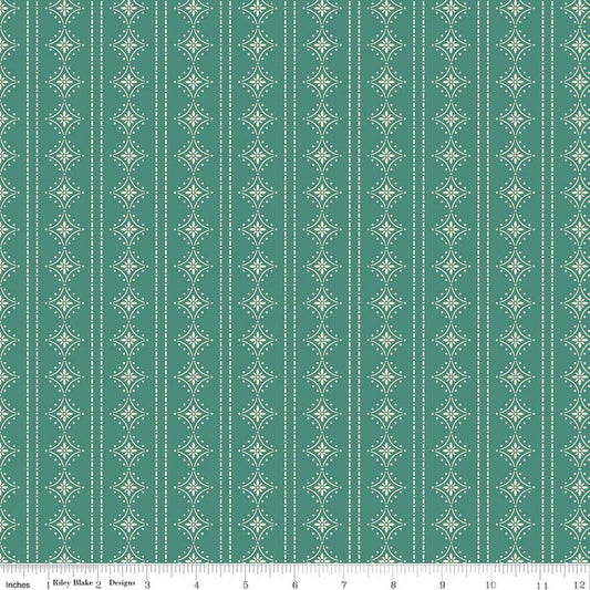 Image of Orchard House Stripes Teal quilting cotton fabric by Heather Peterson for Riley Blake Designs. Features stripes on a blue background. Cute Little Fabric Shop.