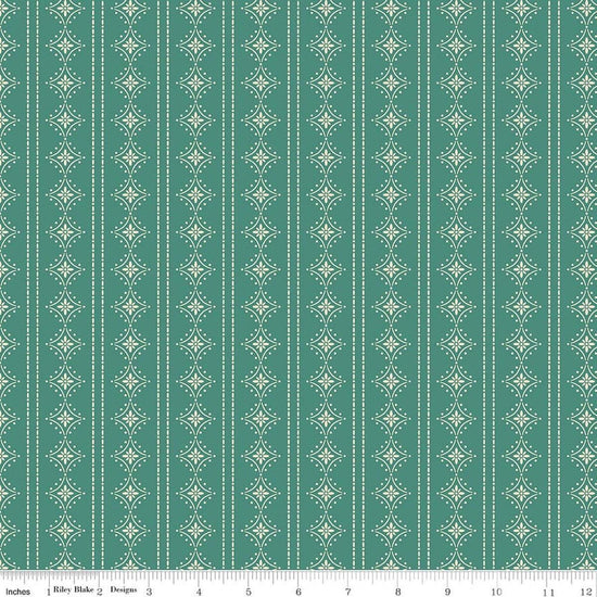 Image of Orchard House Stripes Teal quilting cotton fabric by Heather Peterson for Riley Blake Designs. Features stripes on a blue background. Cute Little Fabric Shop.