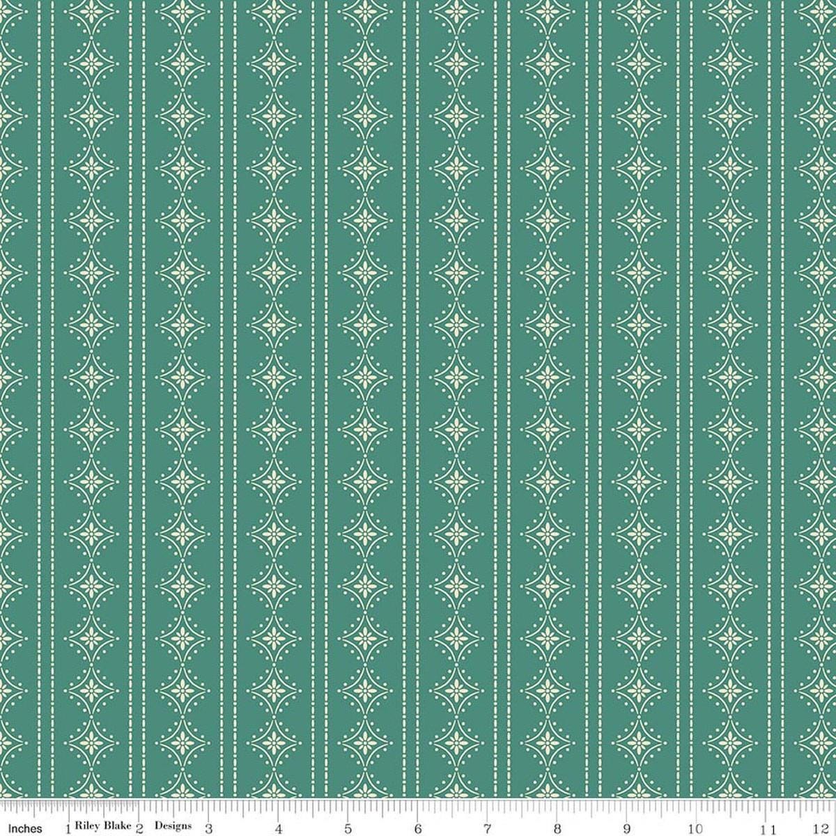 Image of Orchard House Stripes Teal quilting cotton fabric by Heather Peterson for Riley Blake Designs. Features stripes on a blue background. Cute Little Fabric Shop.