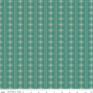 Image of Orchard House Stripes Teal quilting cotton fabric by Heather Peterson for Riley Blake Designs. Features stripes on a blue background. Cute Little Fabric Shop.