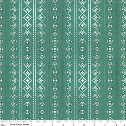 Image of Orchard House Stripes Teal quilting cotton fabric by Heather Peterson for Riley Blake Designs. Features stripes on a blue background. Cute Little Fabric Shop.