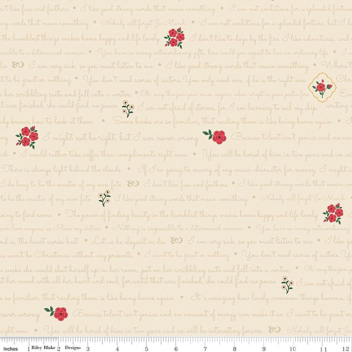 Image of Orchard House Text Cream quilting cotton fabric by Heather Peterson for Riley Blake Designs. Features words and flowers on a cream background. Cute Little Fabric Shop.