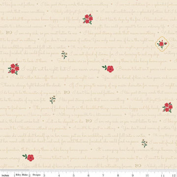 Image of Orchard House Text Cream quilting cotton fabric by Heather Peterson for Riley Blake Designs. Features words and flowers on a cream background. Cute Little Fabric Shop.